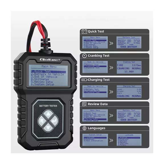 Qoltec digitális akkumulátorteszter LCD kijelzővel 12V | AGM | GEL | STD | 30-220AH Qoltec digitális akkumulátorteszter LCD kijelzővel 12V | AGM | GEL | STD | 30-220AH