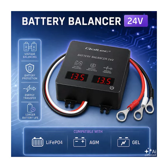 Qoltec Feszültségkiegyenlítő töltéskiegyenlítő 24V-os akkumulátorokhoz 2 x 12V | 5A | LiFePO4 AGM GEL Qoltec Feszültségkiegyenlítő töltéskiegyenlítő 24V-os akkumulátorokhoz 2 x 12V | 5A | LiFePO4 AGM GEL