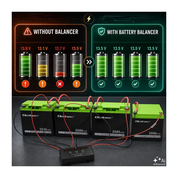 Qoltec Feszültség kiegyenlítő töltéskiegyenlítő 48V-os akkumulátorokhoz 4 x 12V | 10A | LiFePO4 AGM GEL Qoltec Feszültség kiegyenlítő töltéskiegyenlítő 48V-os akkumulátorokhoz 4 x 12V | 10A | LiFePO4 AGM GEL