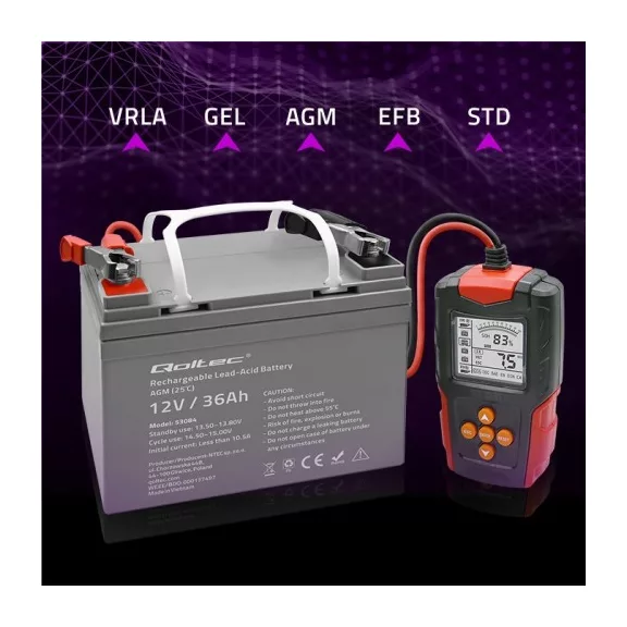 Qoltec LCD-kijelzős digitális akkumulátorteszter | 12 V | 24 V | 3 Ah–200 Ah Qoltec LCD-kijelzős digitális akkumulátorteszter | 12 V | 24 V | 3 Ah–200 Ah