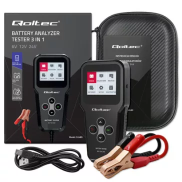   Qoltec 3 az 1-ben digitális akkumulátor-analizátor és teszter LCD-kijelzővel, többnyelvű, 6V | 12V | 24V | 10Ah-200Ah