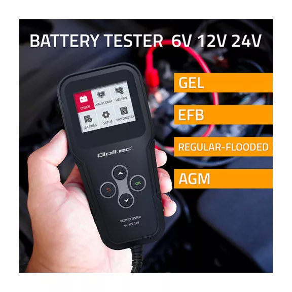Qoltec 3 az 1-ben digitális akkumulátor-analizátor és teszter LCD-kijelzővel, többnyelvű, 6V | 12V | 24V | 10Ah-200Ah Qoltec 3 az 1-ben digitális akkumulátor-analizátor és teszter LCD-kijelzővel, többnyelvű, 6V | 12V | 24V | 10Ah-200Ah