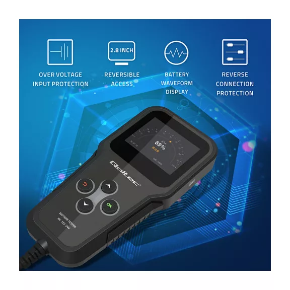 Qoltec 3 az 1-ben digitális akkumulátor-analizátor és teszter LCD-kijelzővel, többnyelvű, 6V | 12V | 24V | 10Ah-200Ah Qoltec 3 az 1-ben digitális akkumulátor-analizátor és teszter LCD-kijelzővel, többnyelvű, 6V | 12V | 24V | 10Ah-200Ah