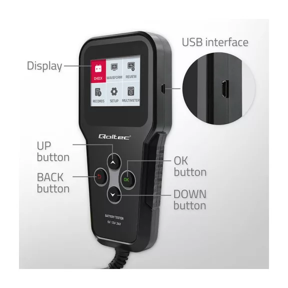 Qoltec 3 az 1-ben digitális akkumulátor-analizátor és teszter LCD-kijelzővel, többnyelvű, 6V | 12V | 24V | 10Ah-200Ah Qoltec 3 az 1-ben digitális akkumulátor-analizátor és teszter LCD-kijelzővel, többnyelvű, 6V | 12V | 24V | 10Ah-200Ah