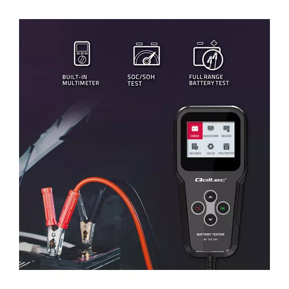Qoltec 3 az 1-ben digitális akkumulátor-analizátor és teszter LCD-kijelzővel, többnyelvű, 6V | 12V | 24V | 10Ah-200Ah Qoltec 3 az 1-ben digitális akkumulátor-analizátor és teszter LCD-kijelzővel, többnyelvű, 6V | 12V | 24V | 10Ah-200Ah