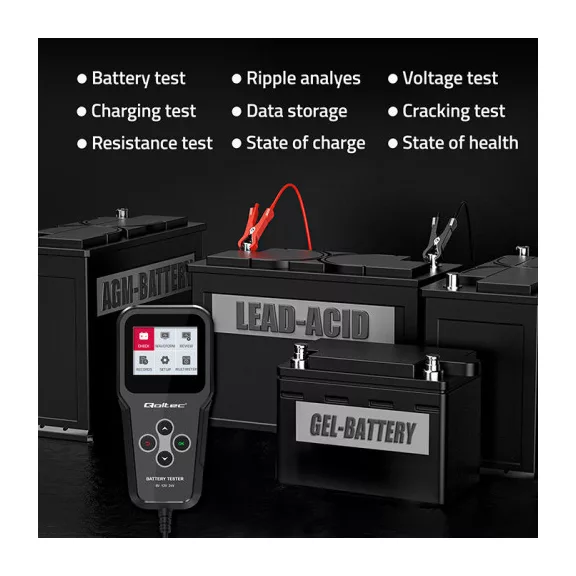 Qoltec 3 az 1-ben digitális akkumulátor-analizátor és teszter LCD-kijelzővel, többnyelvű, 6V | 12V | 24V | 10Ah-200Ah Qoltec 3 az 1-ben digitális akkumulátor-analizátor és teszter LCD-kijelzővel, többnyelvű, 6V | 12V | 24V | 10Ah-200Ah