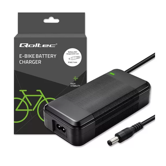 Qoltec gyorstöltő elektromos kerékpárhoz és elektromos rollerhez, 36V | 42V | 4A | 5.5*2.1 + tápkábel Qoltec gyorstöltő elektromos kerékpárhoz és elektromos rollerhez, 36V | 42V | 4A | 5.5*2.1 + tápkábel