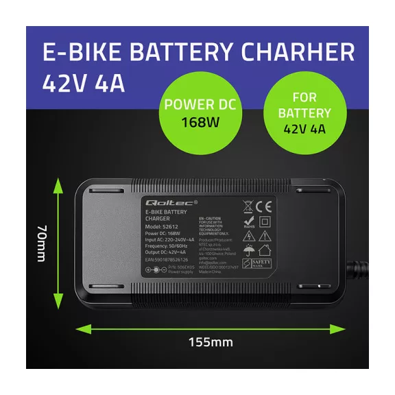 Qoltec gyorstöltő elektromos kerékpárhoz és elektromos rollerhez, 36V | 42V | 4A | 5.5*2.1 + tápkábel Qoltec gyorstöltő elektromos kerékpárhoz és elektromos rollerhez, 36V | 42V | 4A | 5.5*2.1 + tápkábel