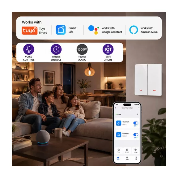 Qoltec intelligens, kétkörös világításkapcsoló | Wi‑Fi | Időzítő | Tuya | Smart life | Fehér Qoltec intelligens, kétkörös világításkapcsoló | Wi‑Fi | Időzítő | Tuya | Smart life | Fehér