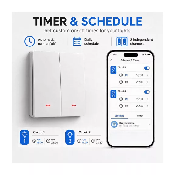 Qoltec intelligens, kétkörös világításkapcsoló | Wi‑Fi | Időzítő | Tuya | Smart life | Fehér Qoltec intelligens, kétkörös világításkapcsoló | Wi‑Fi | Időzítő | Tuya | Smart life | Fehér