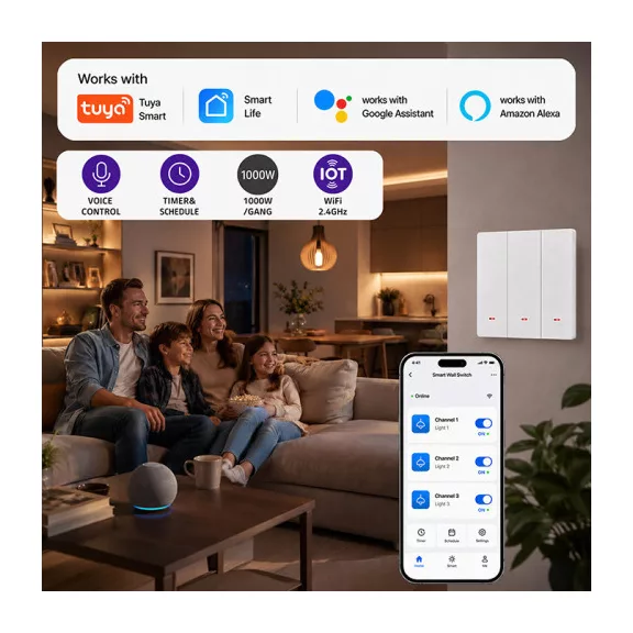 Qoltec intelligens, háromkörös világításkapcsoló | Wi-Fi | Időzítő | Tuya | Smart life | Fehér Qoltec intelligens, háromkörös világításkapcsoló | Wi-Fi | Időzítő | Tuya | Smart life | Fehér
