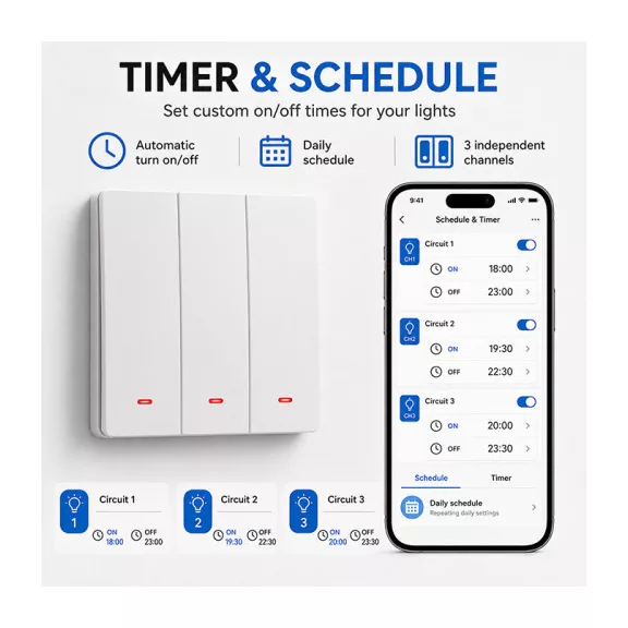 Qoltec intelligens, háromkörös világításkapcsoló | Wi-Fi | Időzítő | Tuya | Smart life | Fehér Qoltec intelligens, háromkörös világításkapcsoló | Wi-Fi | Időzítő | Tuya | Smart life | Fehér