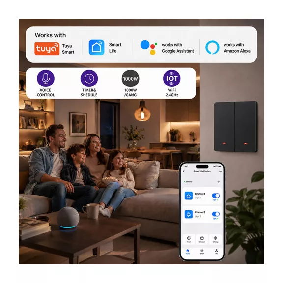 Qoltec Smart 2-Gang Light Switch | Wi‑Fi | Időzítő | Tuya | Smart life | Fekete Qoltec Smart 2-Gang Light Switch | Wi‑Fi | Időzítő | Tuya | Smart life | Fekete