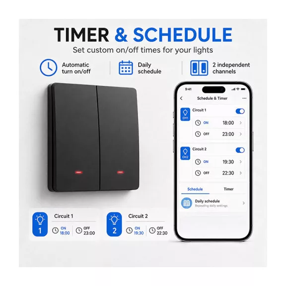Qoltec Smart 2-Gang Light Switch | Wi‑Fi | Időzítő | Tuya | Smart life | Fekete Qoltec Smart 2-Gang Light Switch | Wi‑Fi | Időzítő | Tuya | Smart life | Fekete