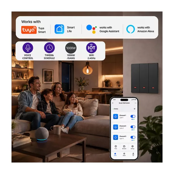 Qoltec Smart 3-as világításkapcsoló | Wi-Fi | Időzítő | Tuya | Smart life | Fekete Qoltec Smart 3-as világításkapcsoló | Wi-Fi | Időzítő | Tuya | Smart life | Fekete