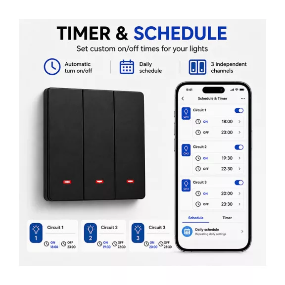 Qoltec Smart 3-as világításkapcsoló | Wi-Fi | Időzítő | Tuya | Smart life | Fekete Qoltec Smart 3-as világításkapcsoló | Wi-Fi | Időzítő | Tuya | Smart life | Fekete