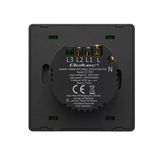 Qoltec Smart 3-as világításkapcsoló | Wi-Fi | Időzítő | Tuya | Smart life | Fekete Qoltec Smart 3-as világításkapcsoló | Wi-Fi | Időzítő | Tuya | Smart life | Fekete