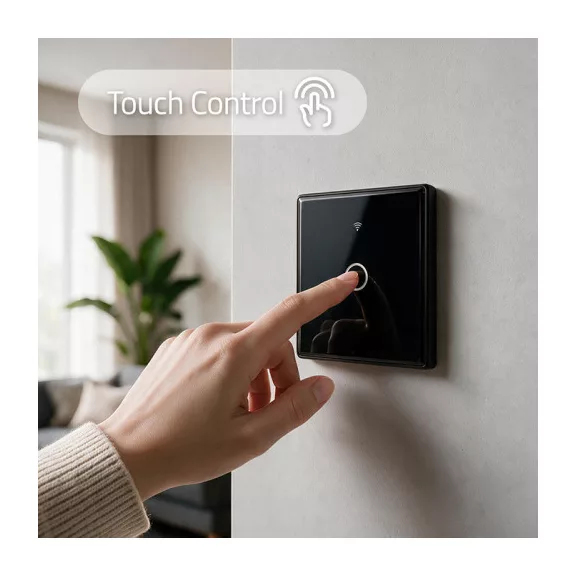 Qoltec Smart Touch 1-es villanykapcsoló | Wi-Fi | Időzítő | Tuya | Smart Life | Edzett üveg | Fekete