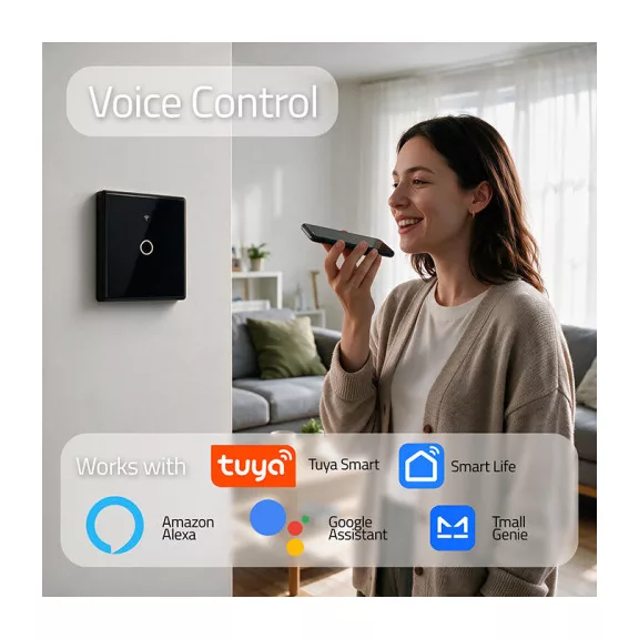 Qoltec Smart Touch 1-es villanykapcsoló | Wi-Fi | Időzítő | Tuya | Smart Life | Edzett üveg | Fekete