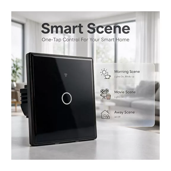 Qoltec Smart Touch 1-es villanykapcsoló | Wi-Fi | Időzítő | Tuya | Smart Life | Edzett üveg | Fekete