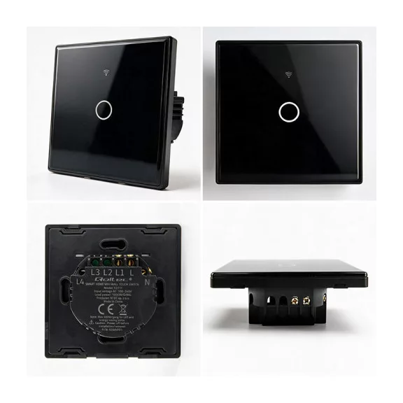 Qoltec Smart Touch 1-es villanykapcsoló | Wi-Fi | Időzítő | Tuya | Smart Life | Edzett üveg | Fekete