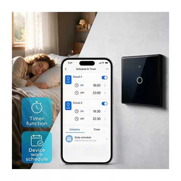 Qoltec Smart Touch 1-es villanykapcsoló | Wi-Fi | Időzítő | Tuya | Smart Life | Edzett üveg | Fekete