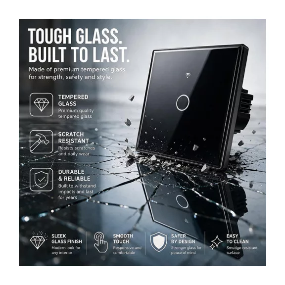 Qoltec Smart Touch 1-es villanykapcsoló | Wi-Fi | Időzítő | Tuya | Smart Life | Edzett üveg | Fekete