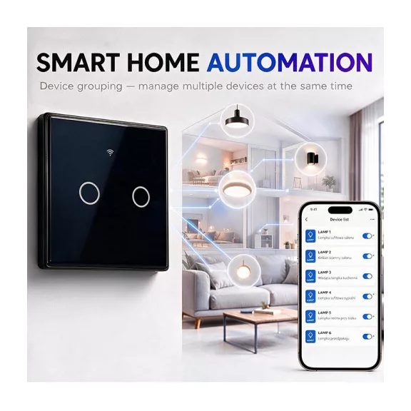 Qoltec Smart Touch kétbillentyűs világításkapcsoló | Wi-Fi | Időzítő | Tuya | Smart Life | Edzett üveg | Fekete