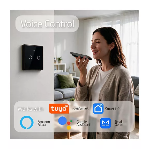 Qoltec Smart Touch kétbillentyűs világításkapcsoló | Wi-Fi | Időzítő | Tuya | Smart Life | Edzett üveg | Fekete