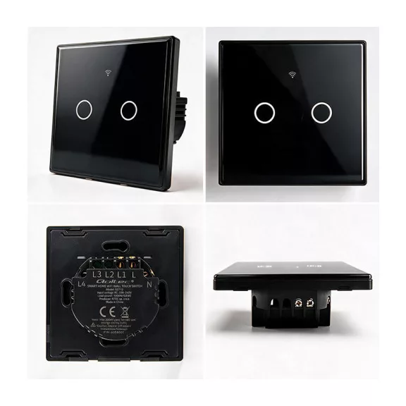 Qoltec Smart Touch kétbillentyűs világításkapcsoló | Wi-Fi | Időzítő | Tuya | Smart Life | Edzett üveg | Fekete