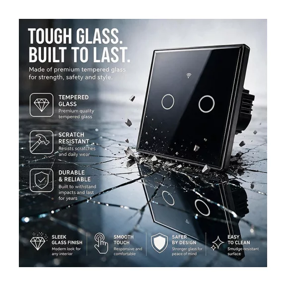 Qoltec Smart Touch kétbillentyűs világításkapcsoló | Wi-Fi | Időzítő | Tuya | Smart Life | Edzett üveg | Fekete