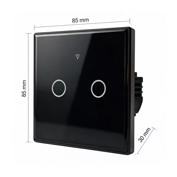 Qoltec Smart Touch kétbillentyűs világításkapcsoló | Wi-Fi | Időzítő | Tuya | Smart Life | Edzett üveg | Fekete
