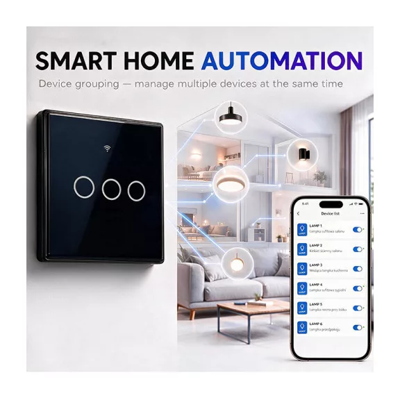 Qoltec Smart Touch 3-as világításkapcsoló | Wi-Fi | Időzítő | Tuya | Smart Life | Edzett üveg | Fekete