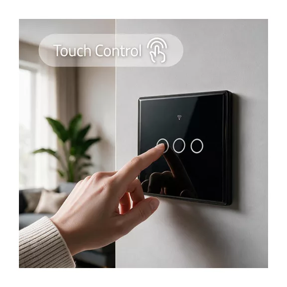 Qoltec Smart Touch 3-as világításkapcsoló | Wi-Fi | Időzítő | Tuya | Smart Life | Edzett üveg | Fekete