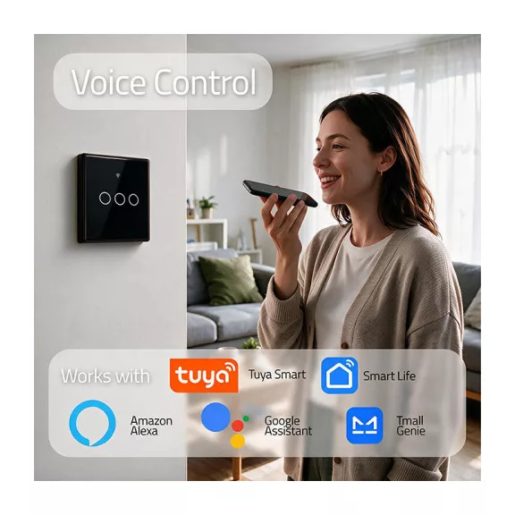 Qoltec Smart Touch 3-as világításkapcsoló | Wi-Fi | Időzítő | Tuya | Smart Life | Edzett üveg | Fekete