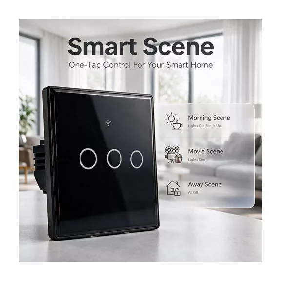 Qoltec Smart Touch 3-as világításkapcsoló | Wi-Fi | Időzítő | Tuya | Smart Life | Edzett üveg | Fekete
