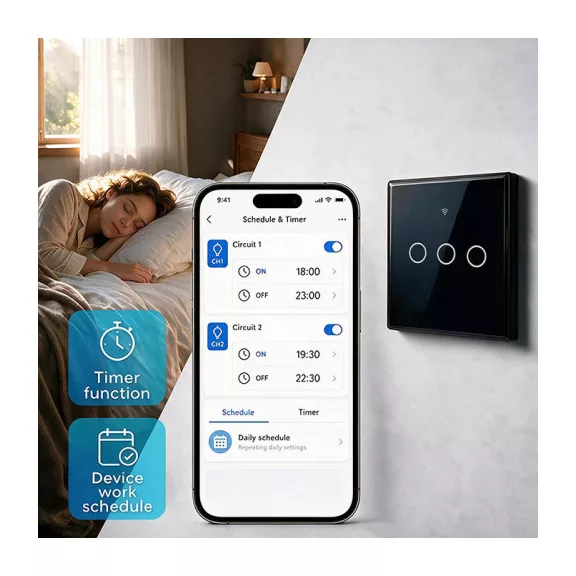 Qoltec Smart Touch 3-as világításkapcsoló | Wi-Fi | Időzítő | Tuya | Smart Life | Edzett üveg | Fekete