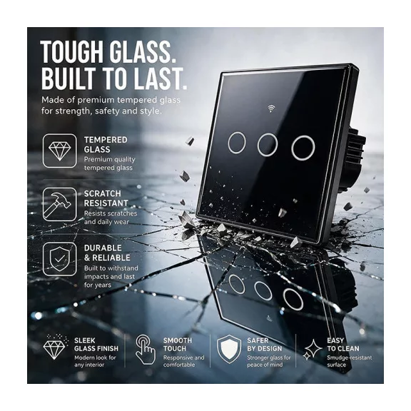 Qoltec Smart Touch 3-as világításkapcsoló | Wi-Fi | Időzítő | Tuya | Smart Life | Edzett üveg | Fekete