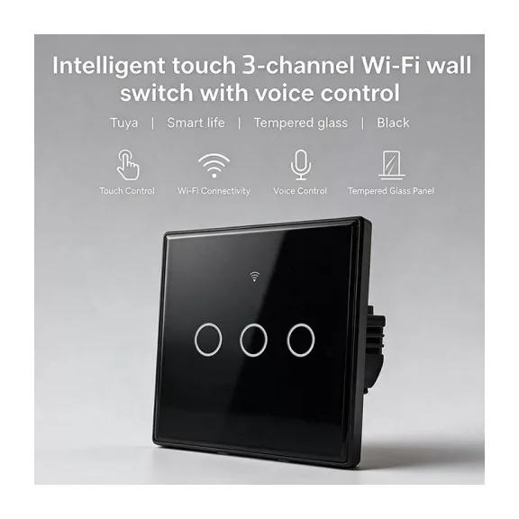Qoltec Smart Touch 3-as világításkapcsoló | Wi-Fi | Időzítő | Tuya | Smart Life | Edzett üveg | Fekete