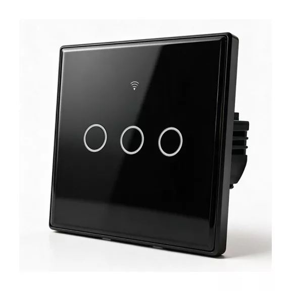 Qoltec Smart Touch 3-as világításkapcsoló | Wi-Fi | Időzítő | Tuya | Smart Life | Edzett üveg | Fekete