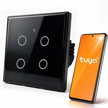   Qoltec Smart Touch 4 áramkörös világításkapcsoló | Wi-Fi | Időzítő | Tuya | Smart Life | Edzett üveg | Fekete