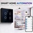   Qoltec Smart Touch 4 áramkörös világításkapcsoló | Wi-Fi | Időzítő | Tuya | Smart Life | Edzett üveg | Fekete