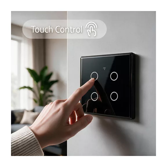 Qoltec Smart Touch 4 áramkörös világításkapcsoló | Wi-Fi | Időzítő | Tuya | Smart Life | Edzett üveg | Fekete