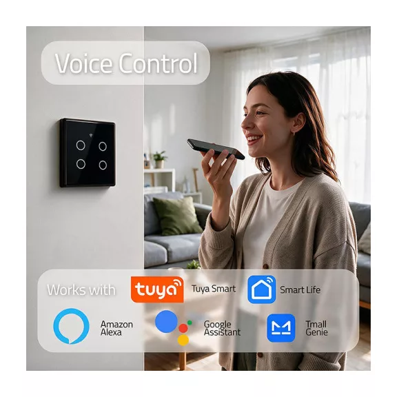 Qoltec Smart Touch 4 áramkörös világításkapcsoló | Wi-Fi | Időzítő | Tuya | Smart Life | Edzett üveg | Fekete