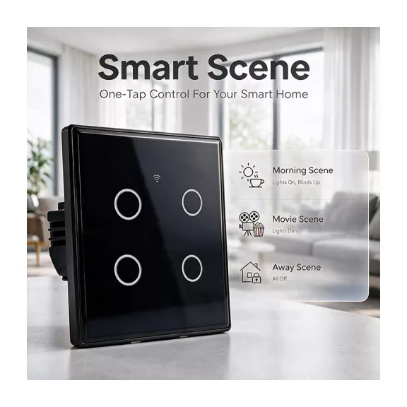 Qoltec Smart Touch 4 áramkörös világításkapcsoló | Wi-Fi | Időzítő | Tuya | Smart Life | Edzett üveg | Fekete