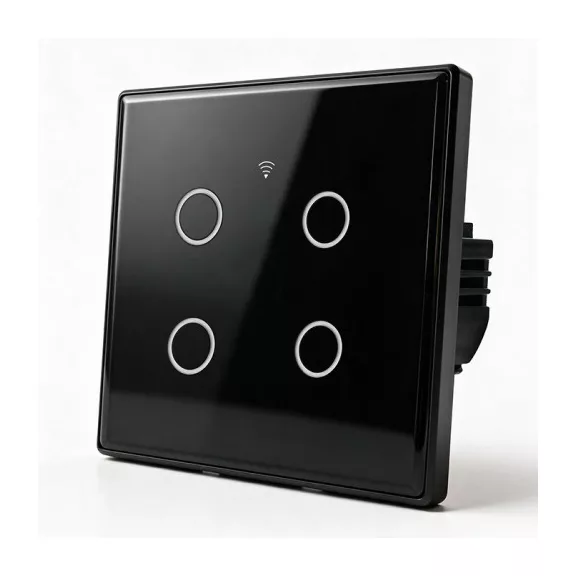 Qoltec Smart Touch 4 áramkörös világításkapcsoló | Wi-Fi | Időzítő | Tuya | Smart Life | Edzett üveg | Fekete