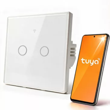Qoltec Smart Touch 2-Gang világításkapcsoló | Wi-Fi | időzítő | Tuya | Smart Life | edzett üveg | fehér