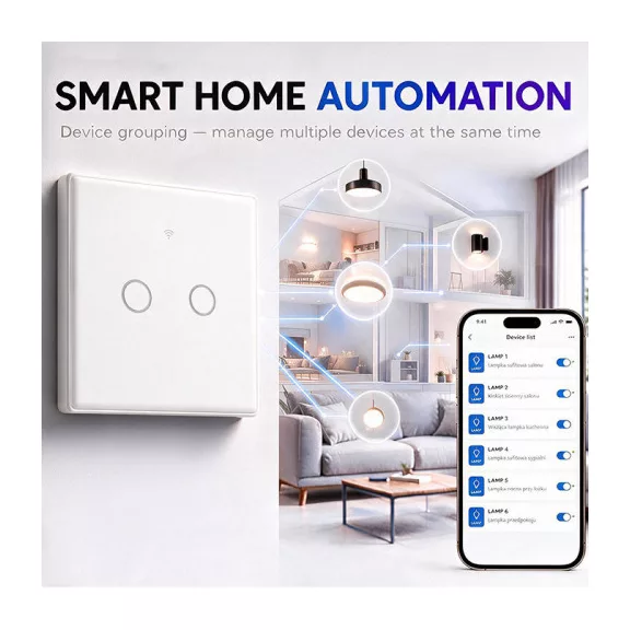 Qoltec Smart Touch 2-Gang világításkapcsoló | Wi-Fi | időzítő | Tuya | Smart Life | edzett üveg | fehér