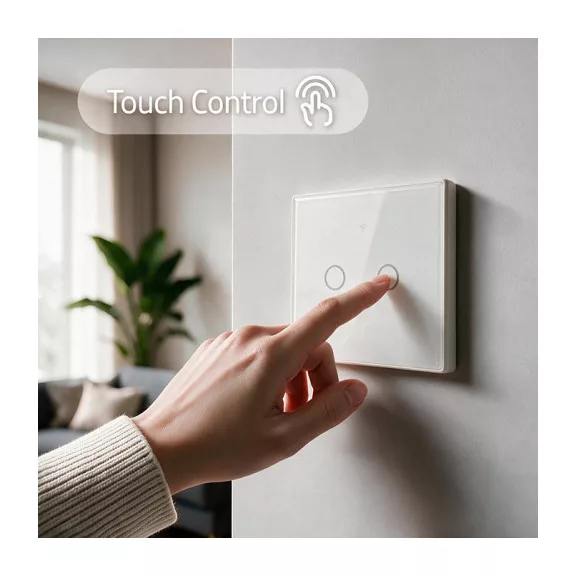 Qoltec Smart Touch 2-Gang világításkapcsoló | Wi-Fi | időzítő | Tuya | Smart Life | edzett üveg | fehér
