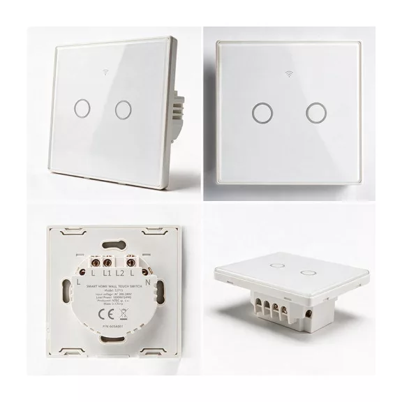 Qoltec Smart Touch 2-Gang világításkapcsoló | Wi-Fi | időzítő | Tuya | Smart Life | edzett üveg | fehér